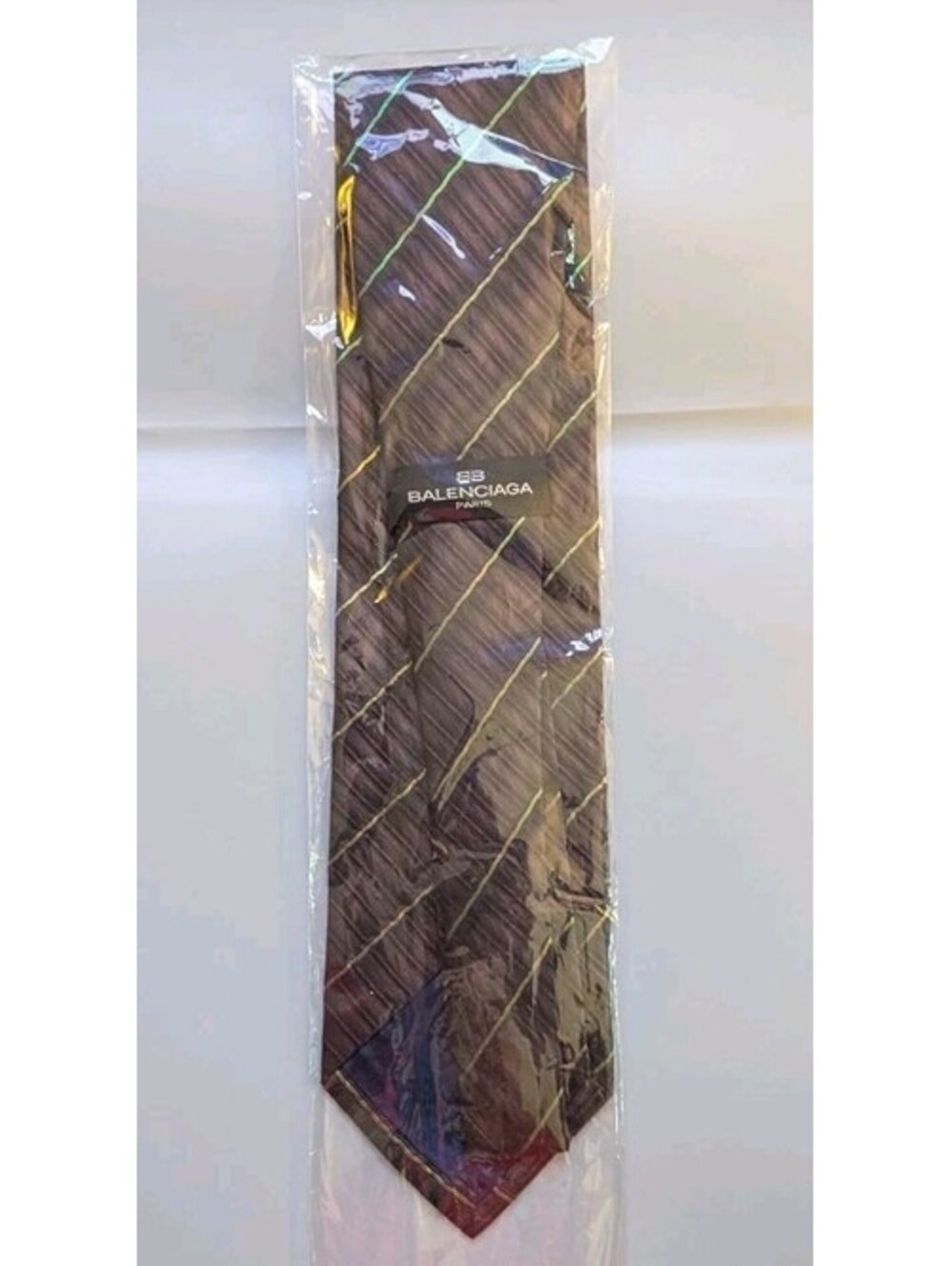 Balenciaga Mens Silk Necktie Vintage Plum Ribbed Gold Green Diagonal Stripe New - Picture 3 of 5